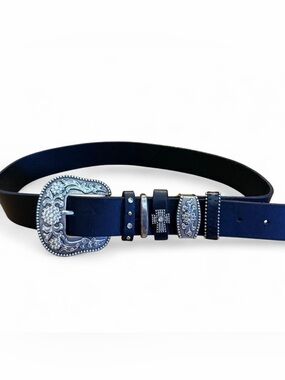 Tooled Western-Style Black  Belt with gems and Silver Buckles